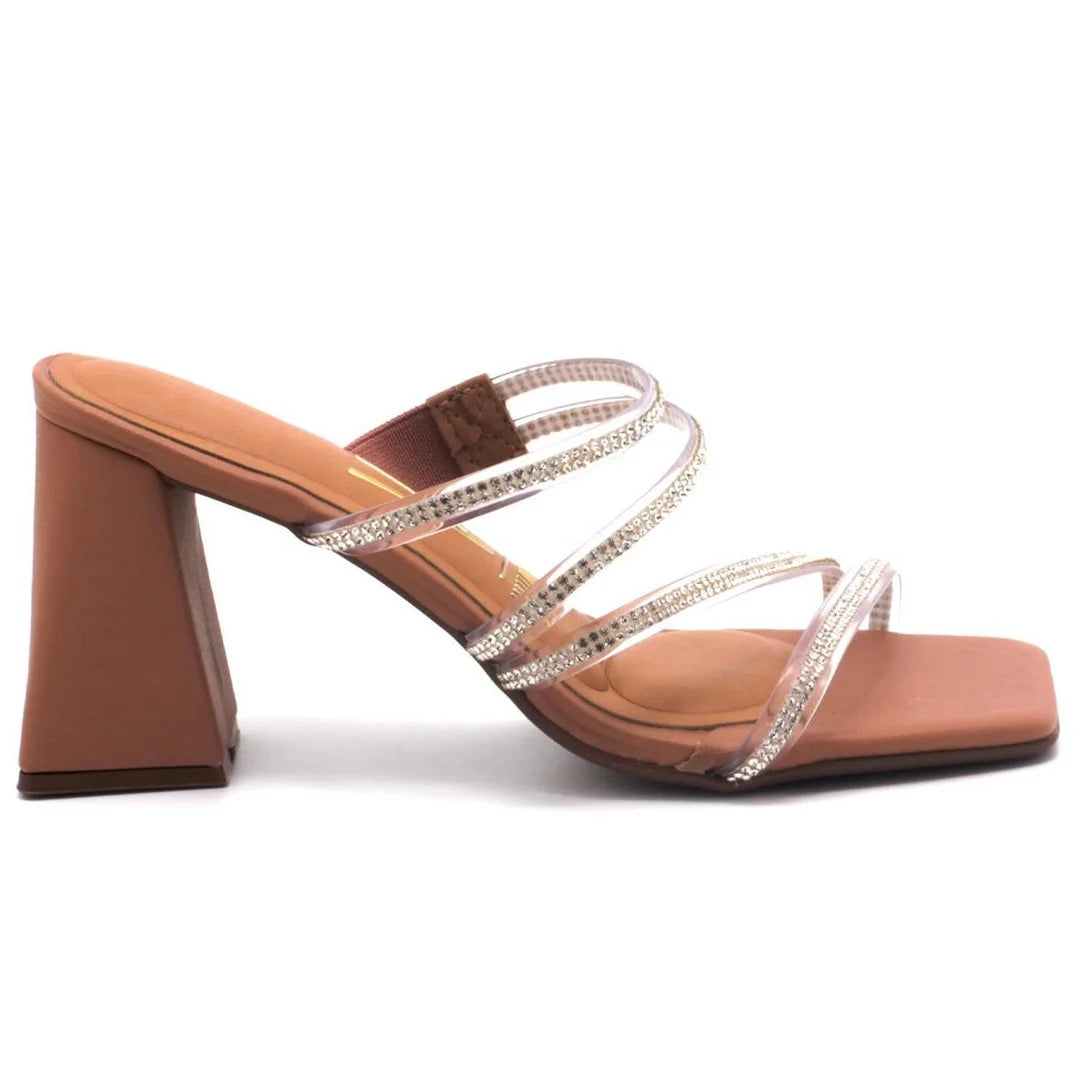 Tamanco Vizzano Salto Bloco Tiras Vinil Strass Feminino – Nude