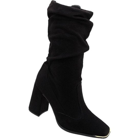 Bota Slouch Vizzano Strech Duo Cano Médio Camurça Zíper Salto Alto Feminina – Preto